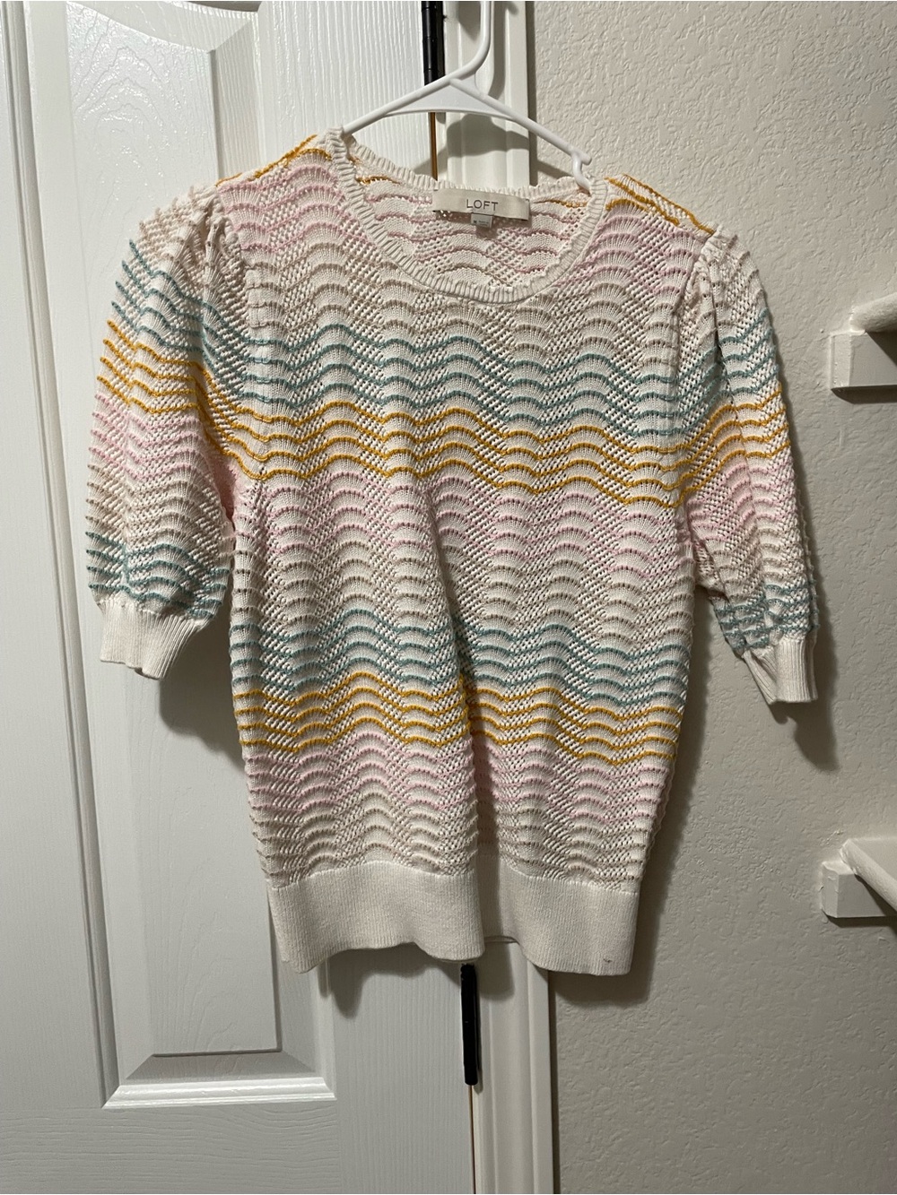 LOFT Cream Open-Weave Scoop Sweater with Yellow, Pink & Light Blue Stripes